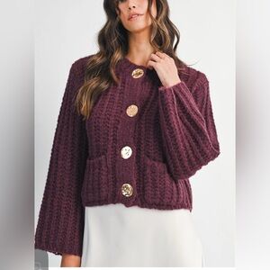 Mable NWT p2p23  Burgundy Chunky Knit Cardigan Gold Buttons Size l